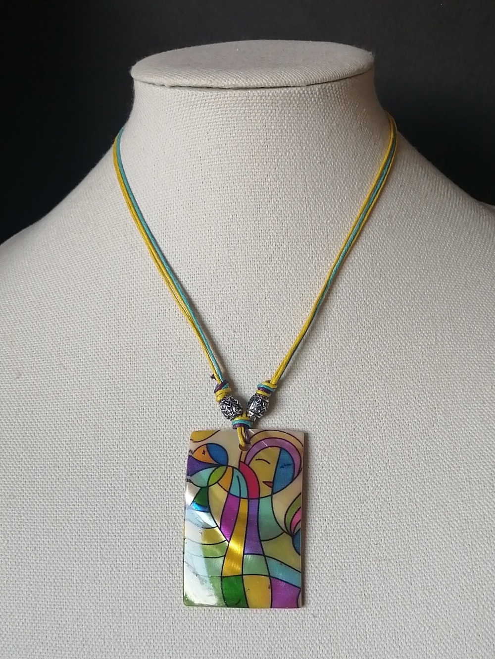 Multicolour Abstract Modernist Cubist MOP Shell Rectangular Pendant Necklace